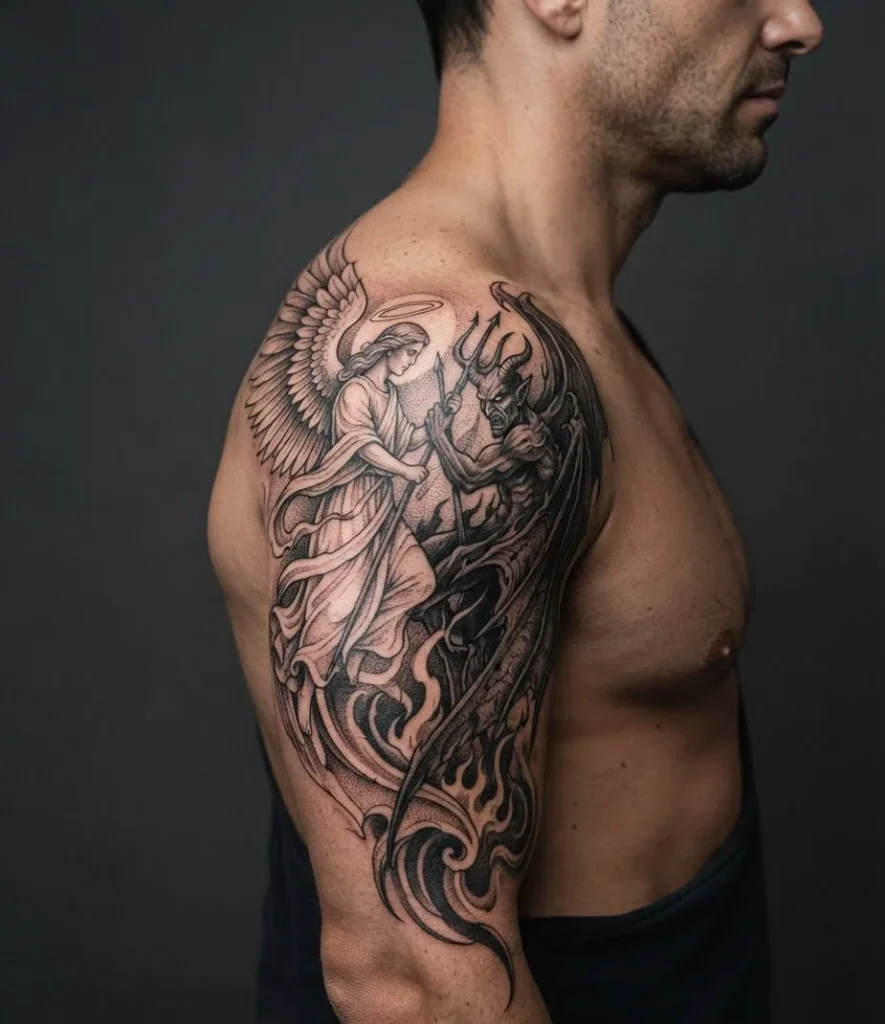 Angel and Demon Shoulder Tattoo