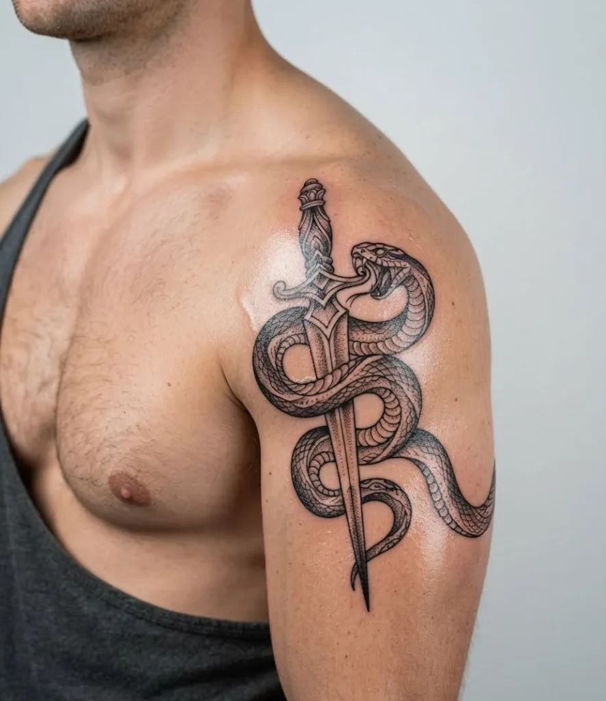 Serpent and Dagger Shoulder Tattoo