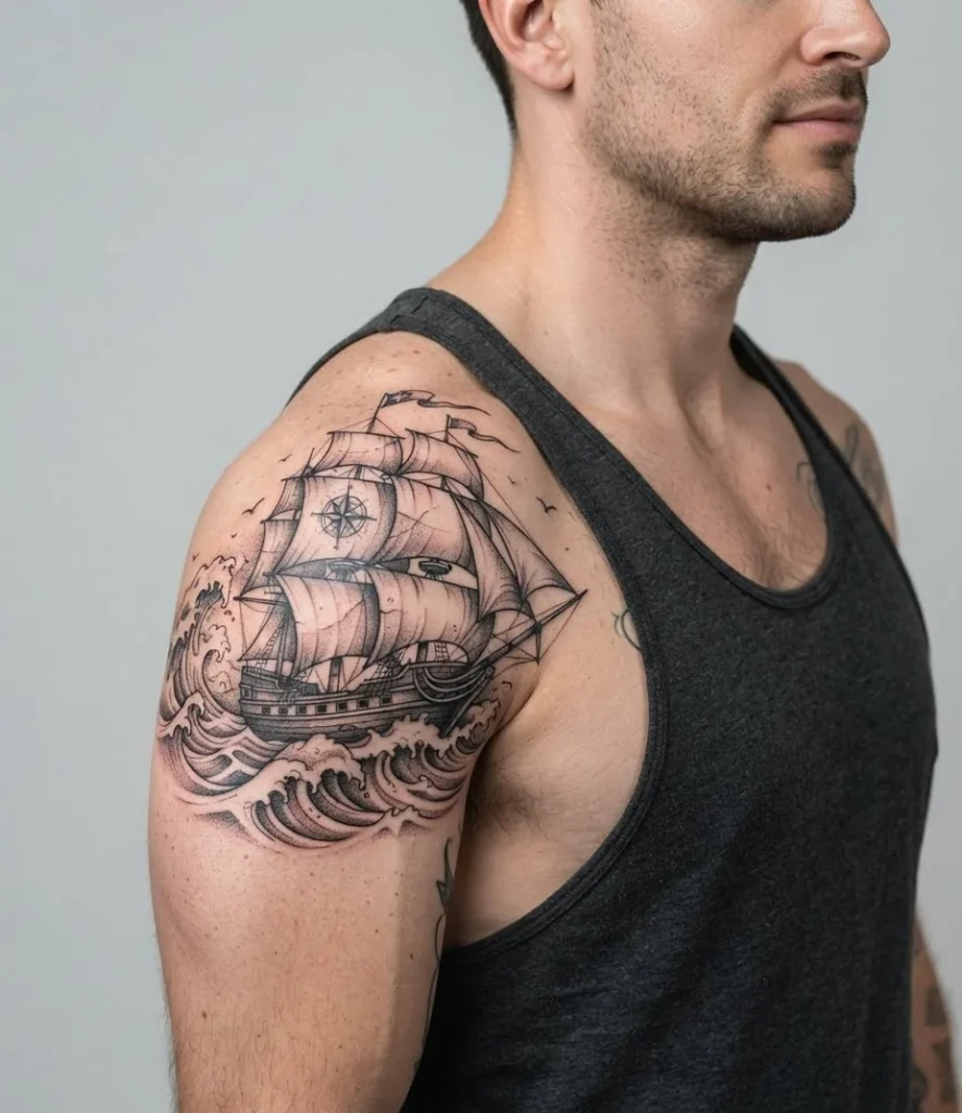 Ship Shoulder Tattoo