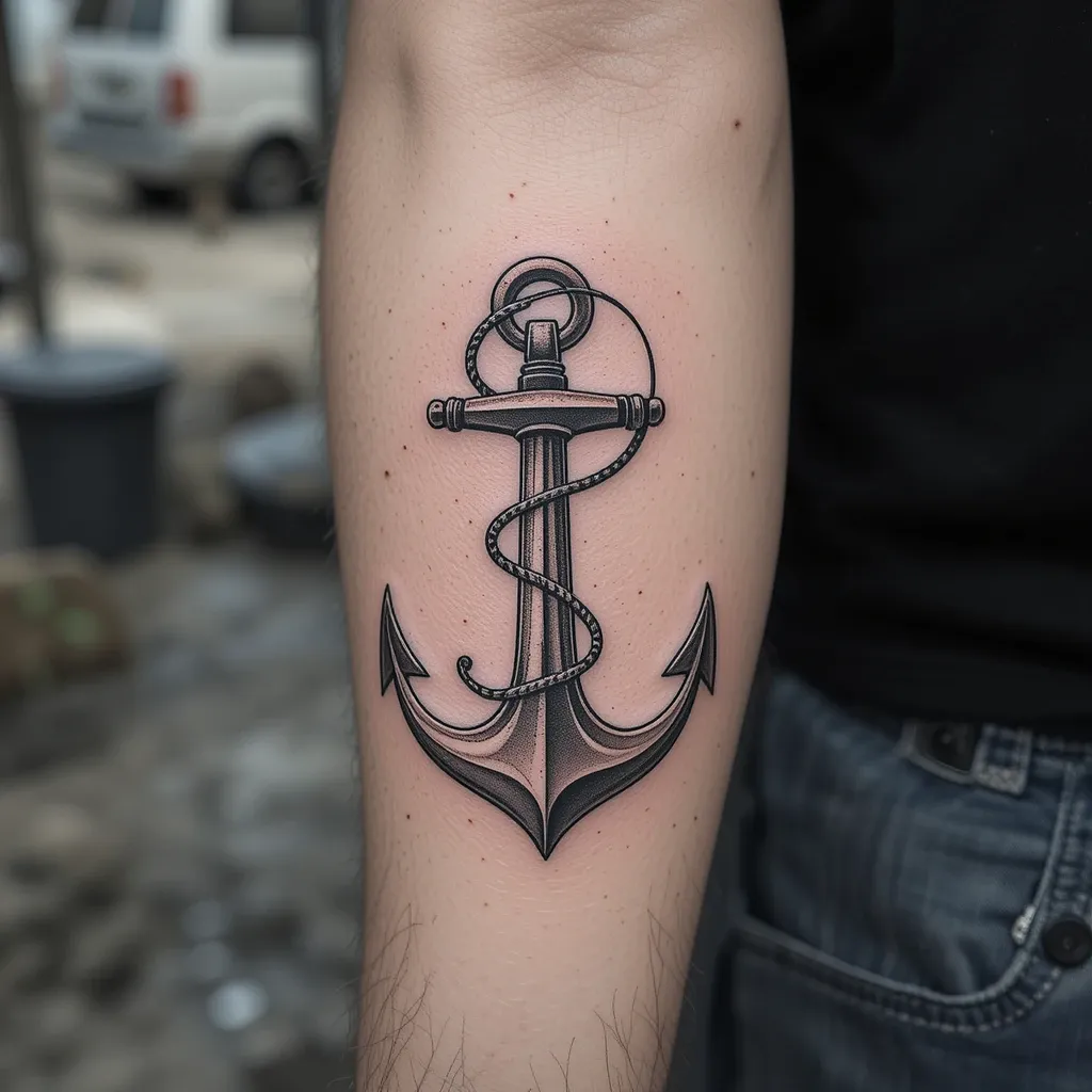 Anchor with Fishing Line Tattoo