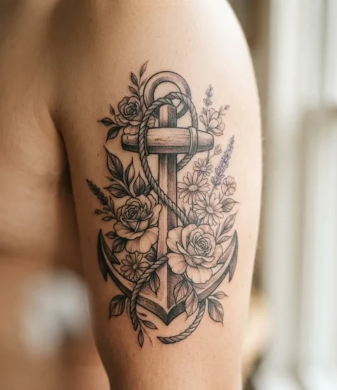 Anchor with Flowers Tattoo