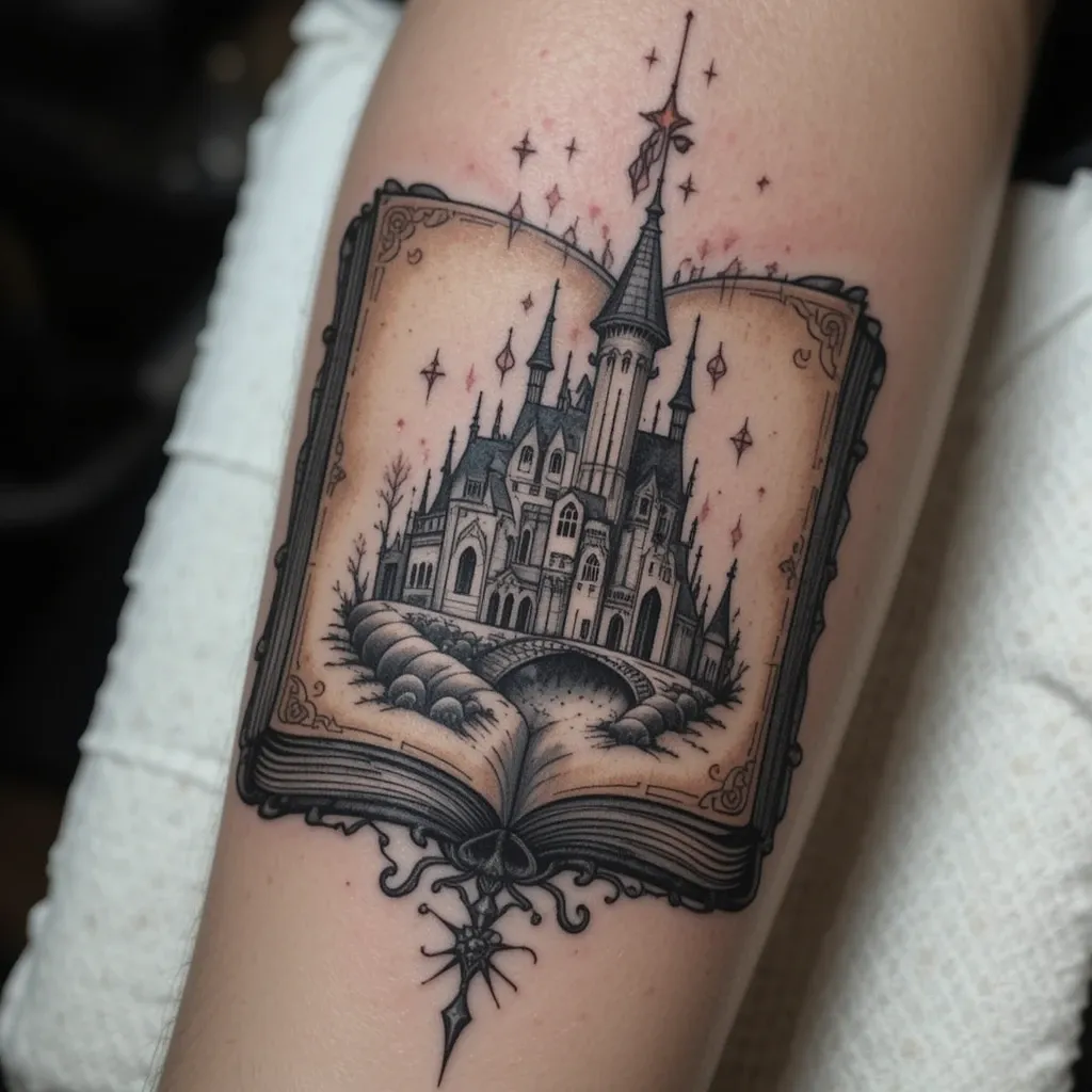 Ancient Spellbook with Castle Sketch