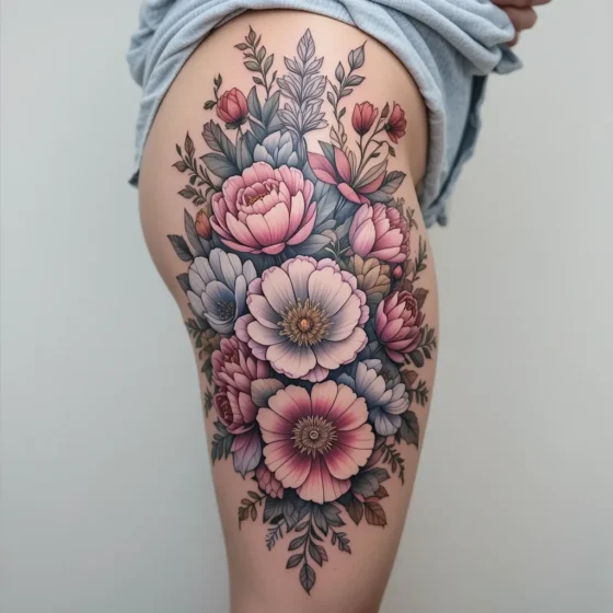 Artistic Watercolor Thigh Tattoo