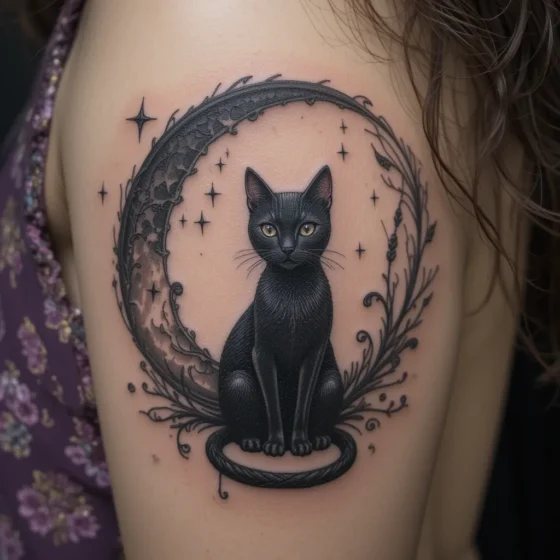 Black Cat and Moon Tattoo