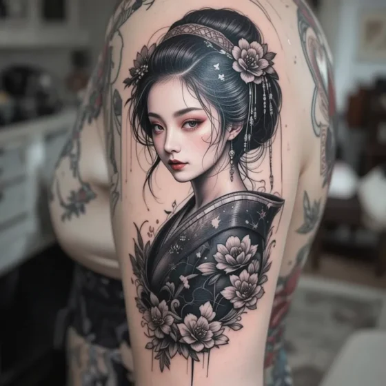 Black and Grey Geisha Tattoo