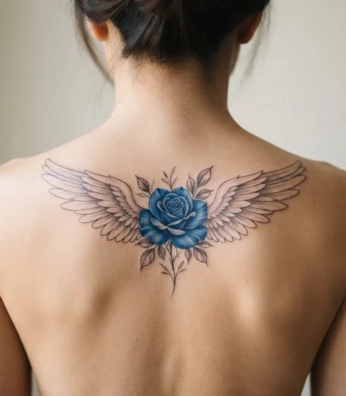 Blue Rose and Angel Wings Tattoo