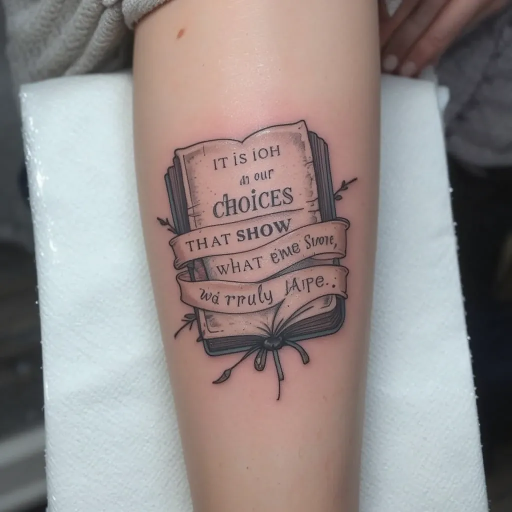 Book Tattoo with a Quote Banner