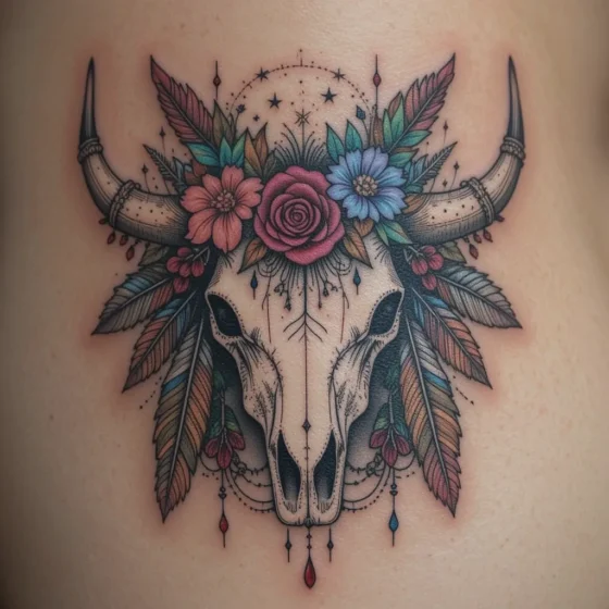 Bull Skull with Feathers