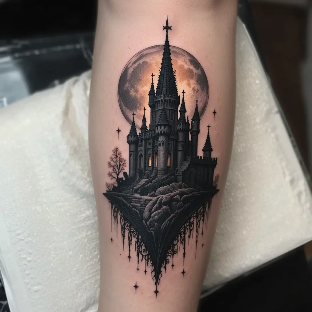 Castle Silhouette Under a Full Moon