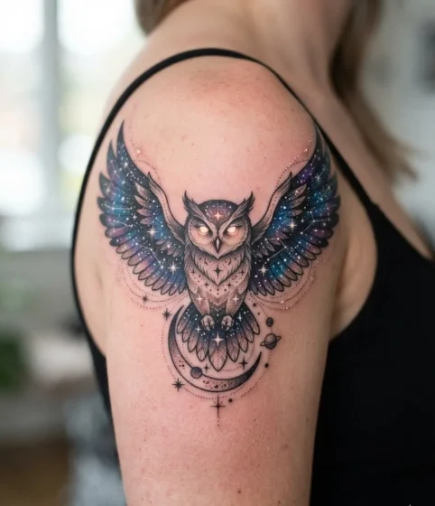 Celestial Owl with Star-Flecked Wings