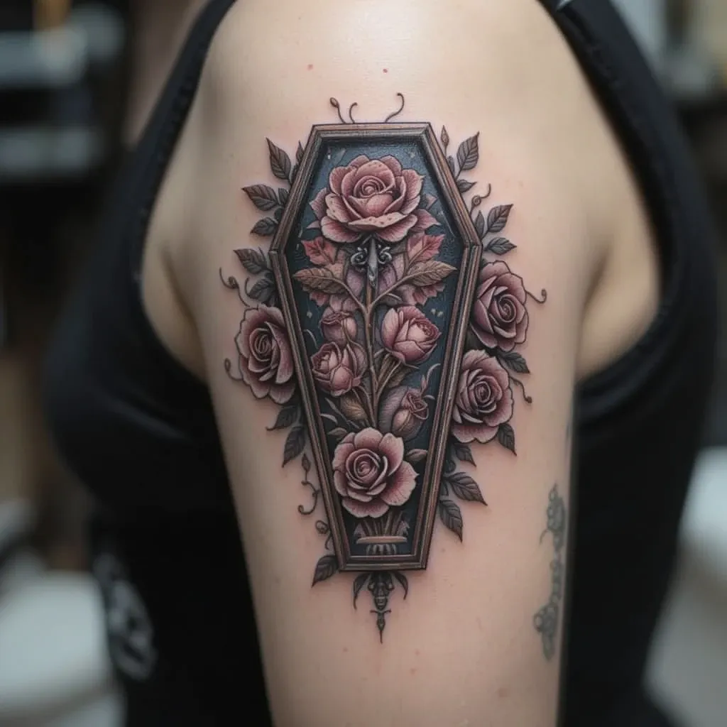 Coffin and Roses Tattoo