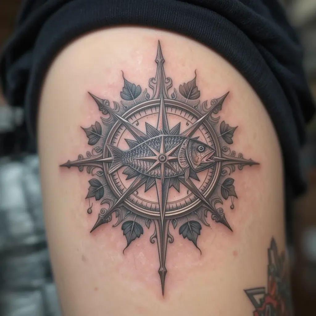 Compass Rose with Fish Engraving