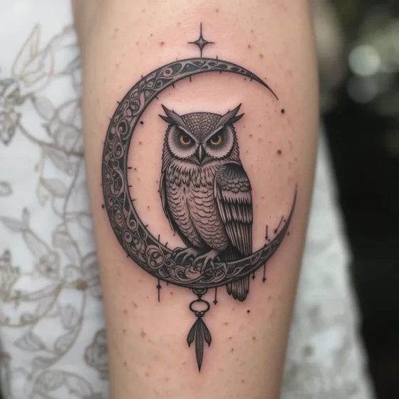 Crescent Moon and Owl Tattoo