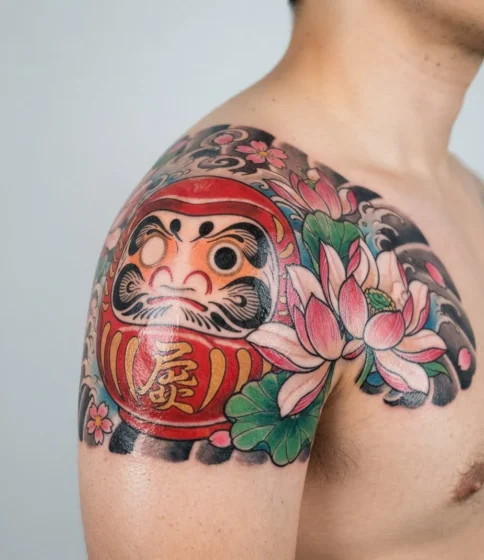 Daruma with Lotus Flowers