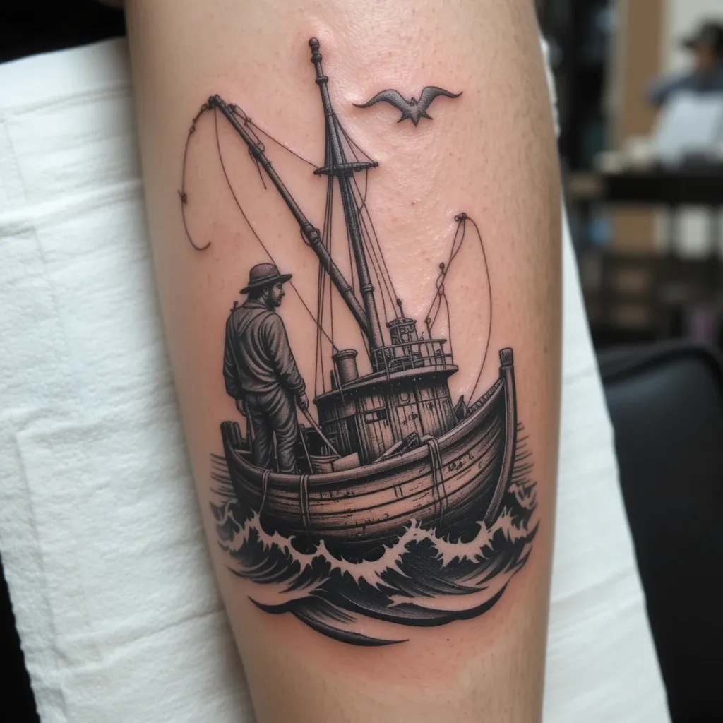 Detailed Fisherman’s Boat Tattoo
