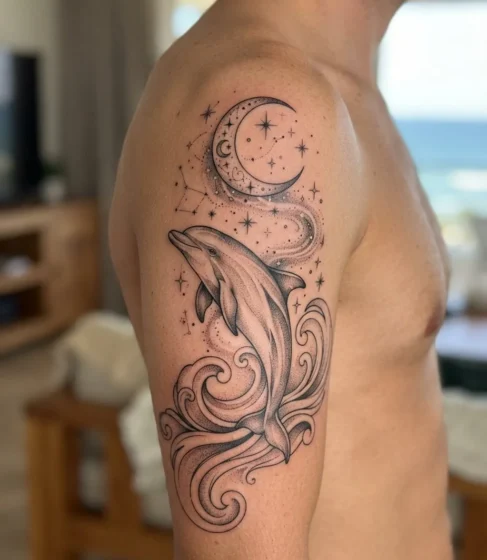 Dolphin With Moon and Stars