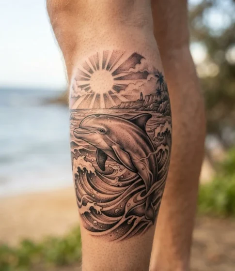 Dolphin With Waves and Sun