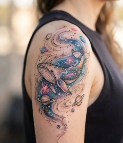Dreamy Whale Floating Amongst Planets