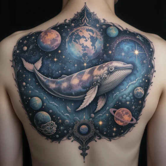 Dreamy Whale Floating Amongst Planets