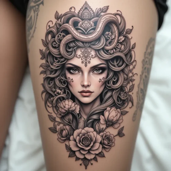 Enchanting Medusa Thigh Tattoo