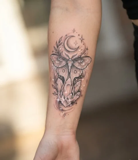 Ethereal Moth & Crystal Tattoo