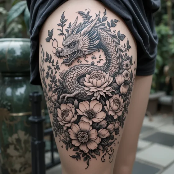 Fierce Dragon Thigh Tattoo