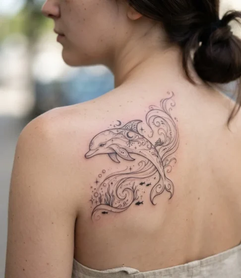 Fine Line Fantasy Dolphin Tattoo