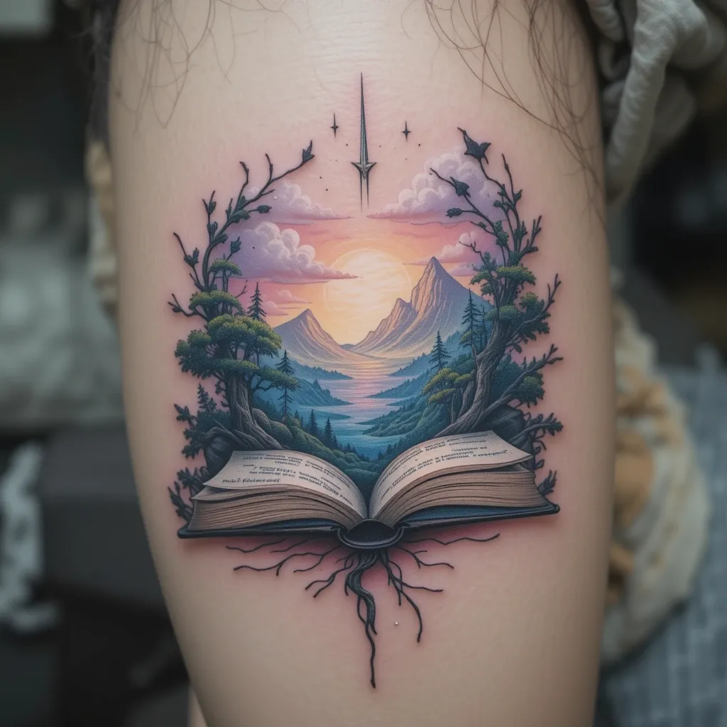 Floating Open Book with a Dreamy Landscape
