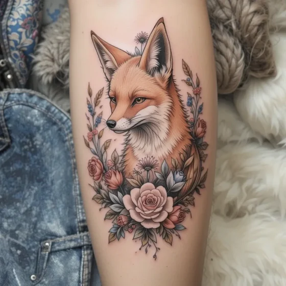 Fox and Flowers Tattoo