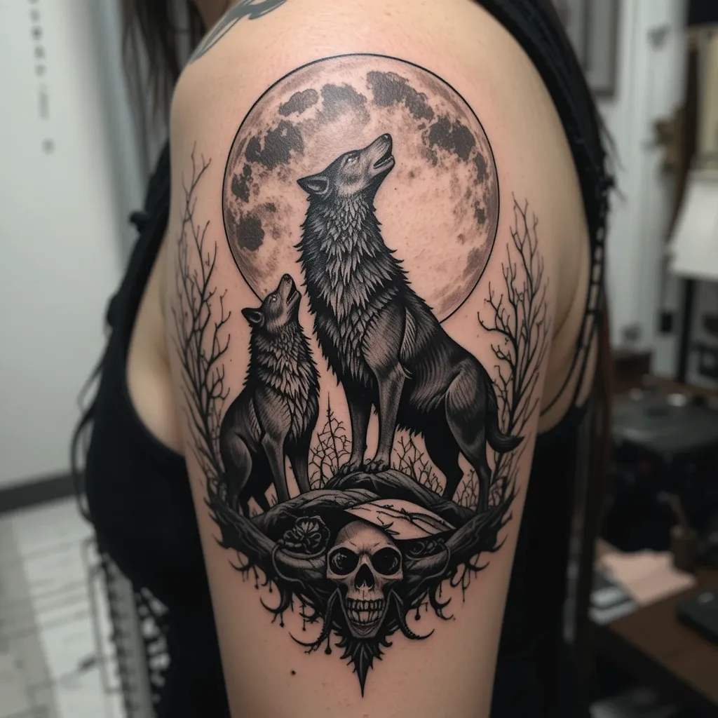 Full Moon with Wolves Tattoo