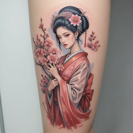 Geisha with Cherry Blossom Branch Tattoo