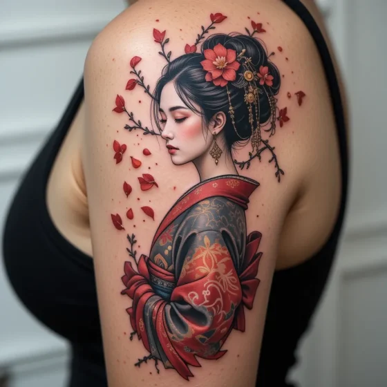 Geisha with Cherry Blossom Wind Tattoo