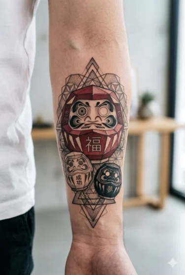 Geometric Daruma Tattoo
