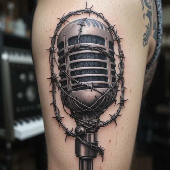Barbed Wire Wrapped Around a Microphone Stand