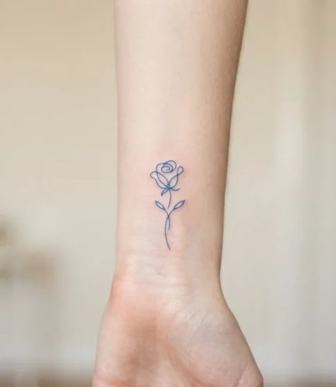 Minimalist Fine Line Blue Rose Tattoo