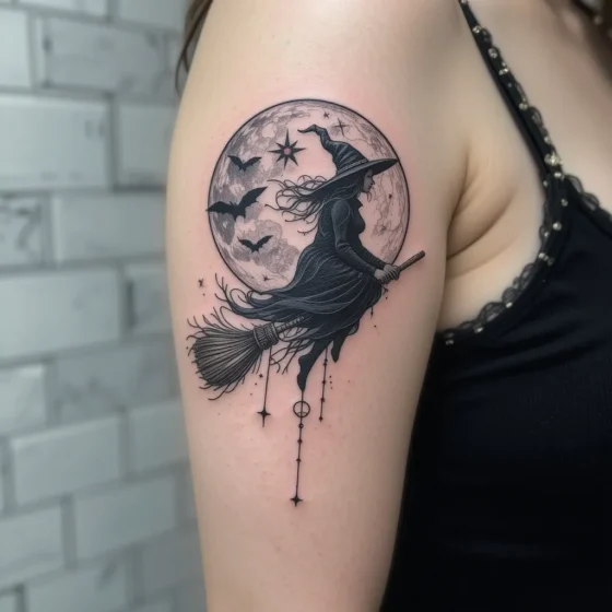 Moon and Broomstick Tattoo