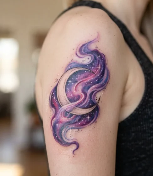 Nebula Cloud Wrapped Around a Crescent Moon