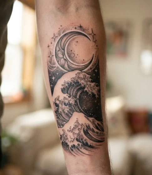 Ocean Wave and Moon Tattoo