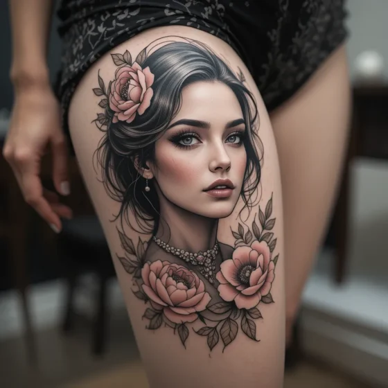 Realistic Portrait Thigh Tattoo