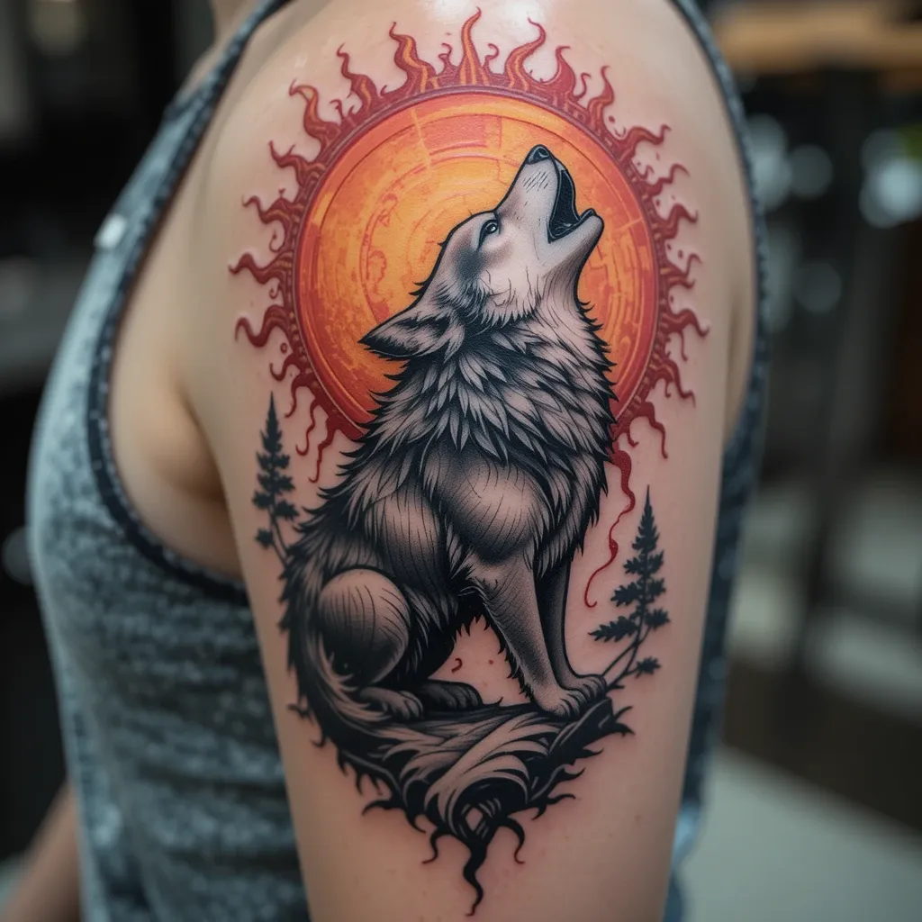 Rising Sun with a Wolf for Loyalty and Strength
