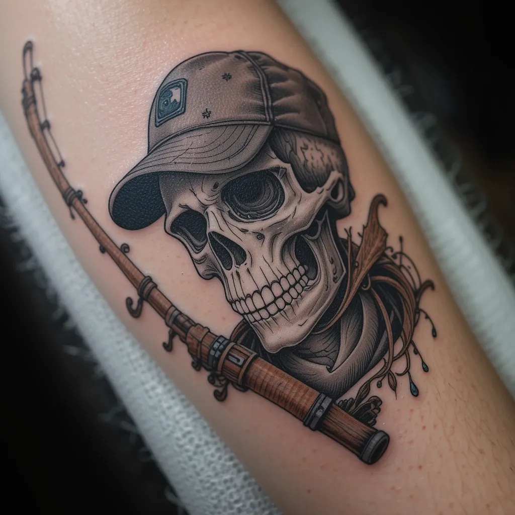 Skull and Fishing Rod Tattoo