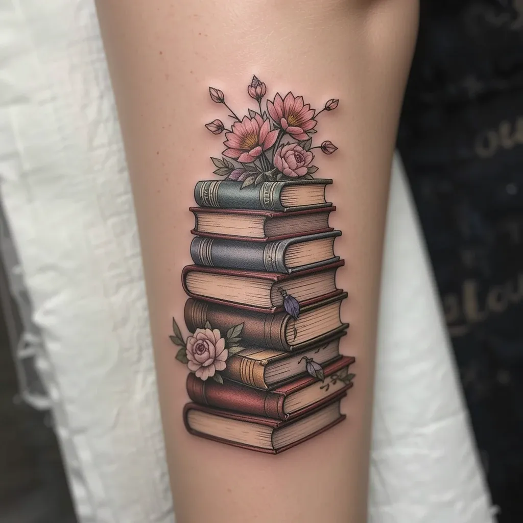 Stack of Books with Flowers
