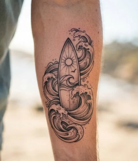 Surfboard and Waves Tattoo