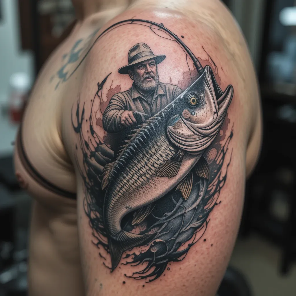 Tattoo of a Fisherman Reeling in a Giant Fish