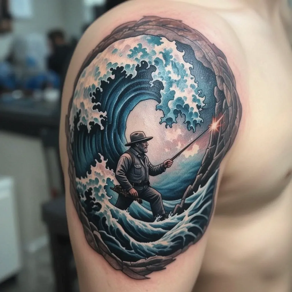 Wave and Fisherman Tattoo
