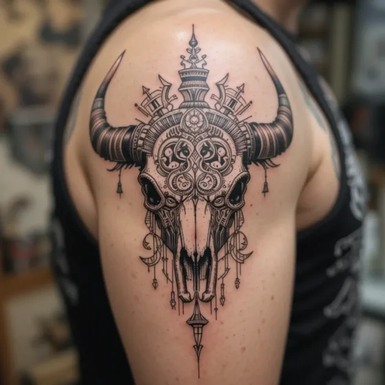 Aztec-Inspired Bull Skull Tattoo