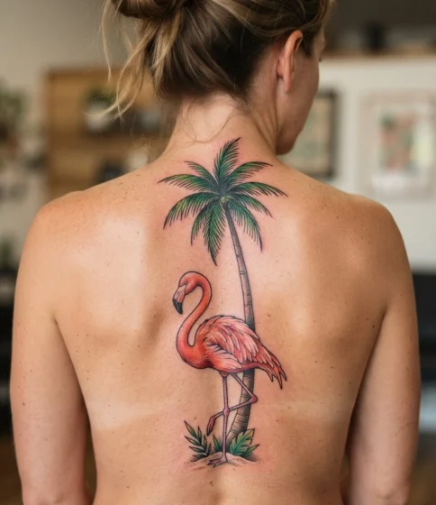 Flamingo Resting Under a Palm Tree