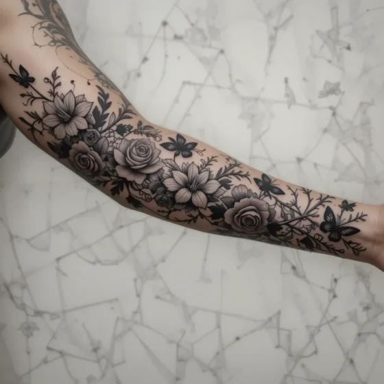 Gothic Garden Sleeve with Butterflies and Bones