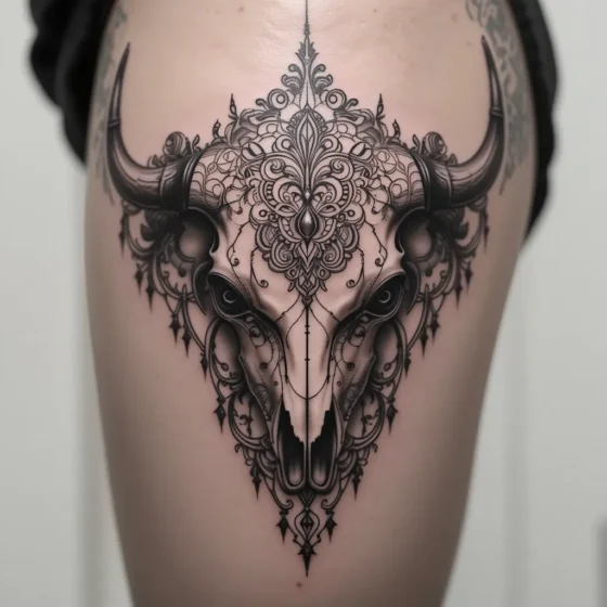 Ornate Bull Skull with Intricate Linework