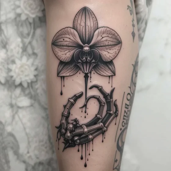 Skeleton Hand Holding a Bleeding Orchid